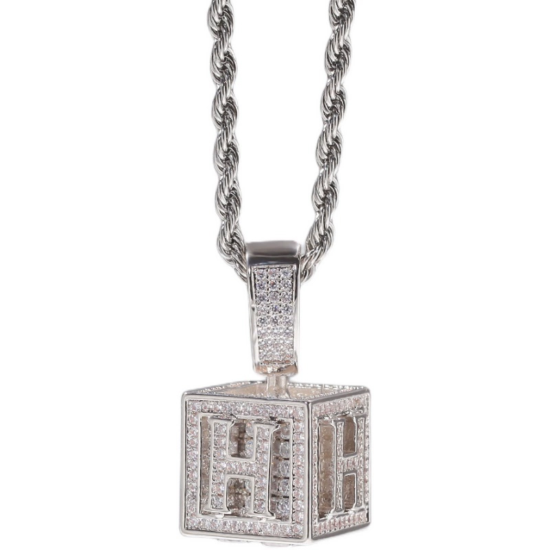26 English Letters Hip-hop Necklace Copper Inlaid Zircon Dice Cube Pendant