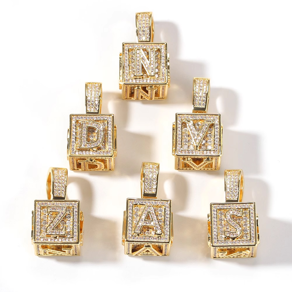 26 English Letters Hip-hop Necklace Copper Inlaid Zircon Dice Cube Pendant