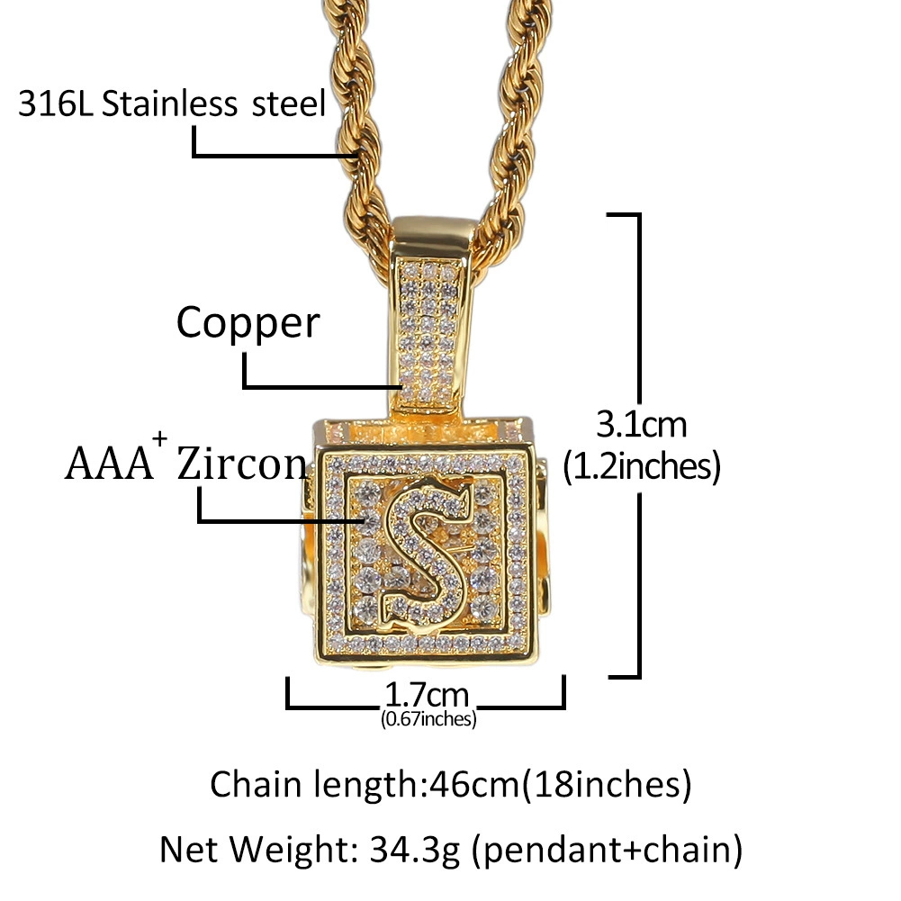 26 English Letters Hip-hop Necklace Copper Inlaid Zircon Dice Cube Pendant