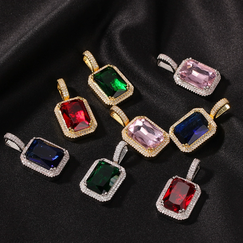 Mocha Fluorescent Square Gemstone Pendant All-match Hip-hop Necklace