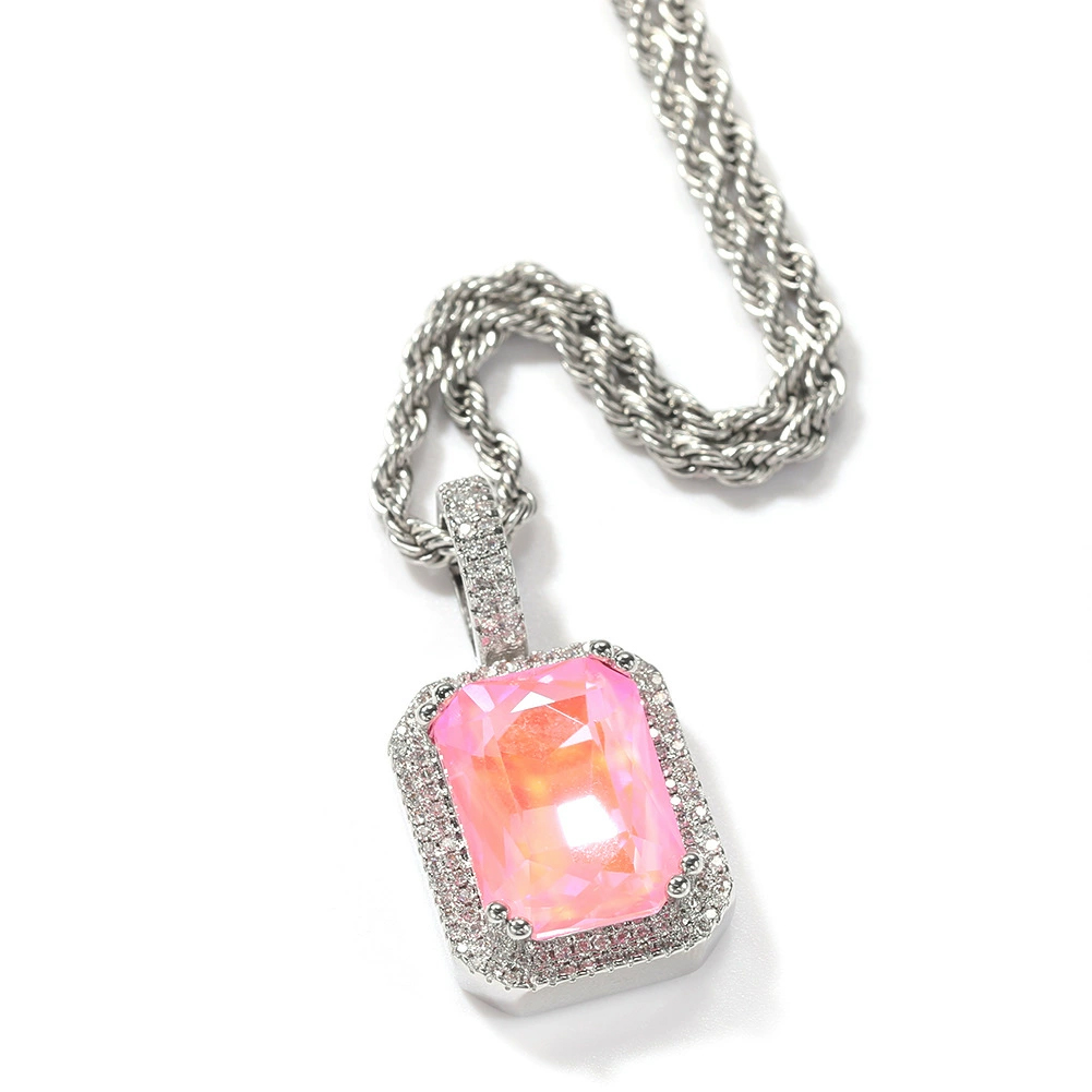 Mocha Fluorescent Square Gemstone Pendant All-match Hip-hop Necklace