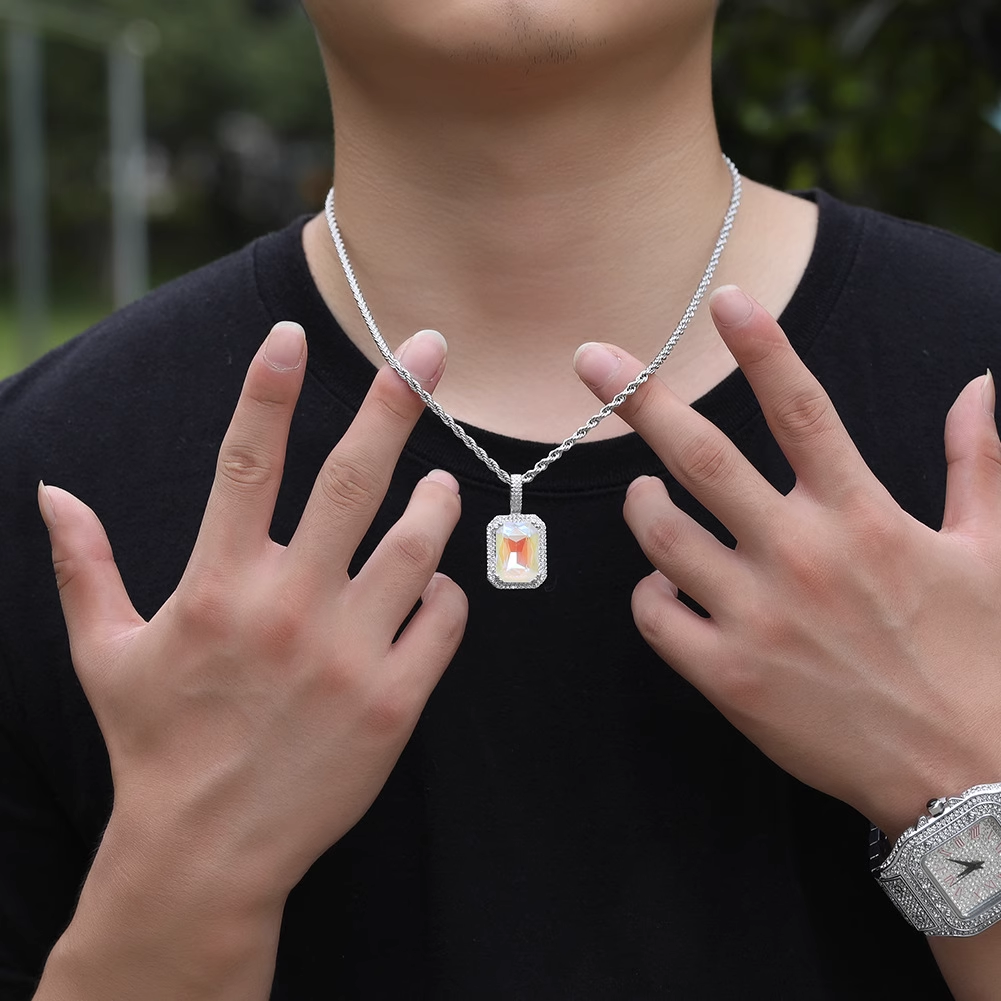Mocha Fluorescent Square Gemstone Pendant All-match Hip-hop Necklace