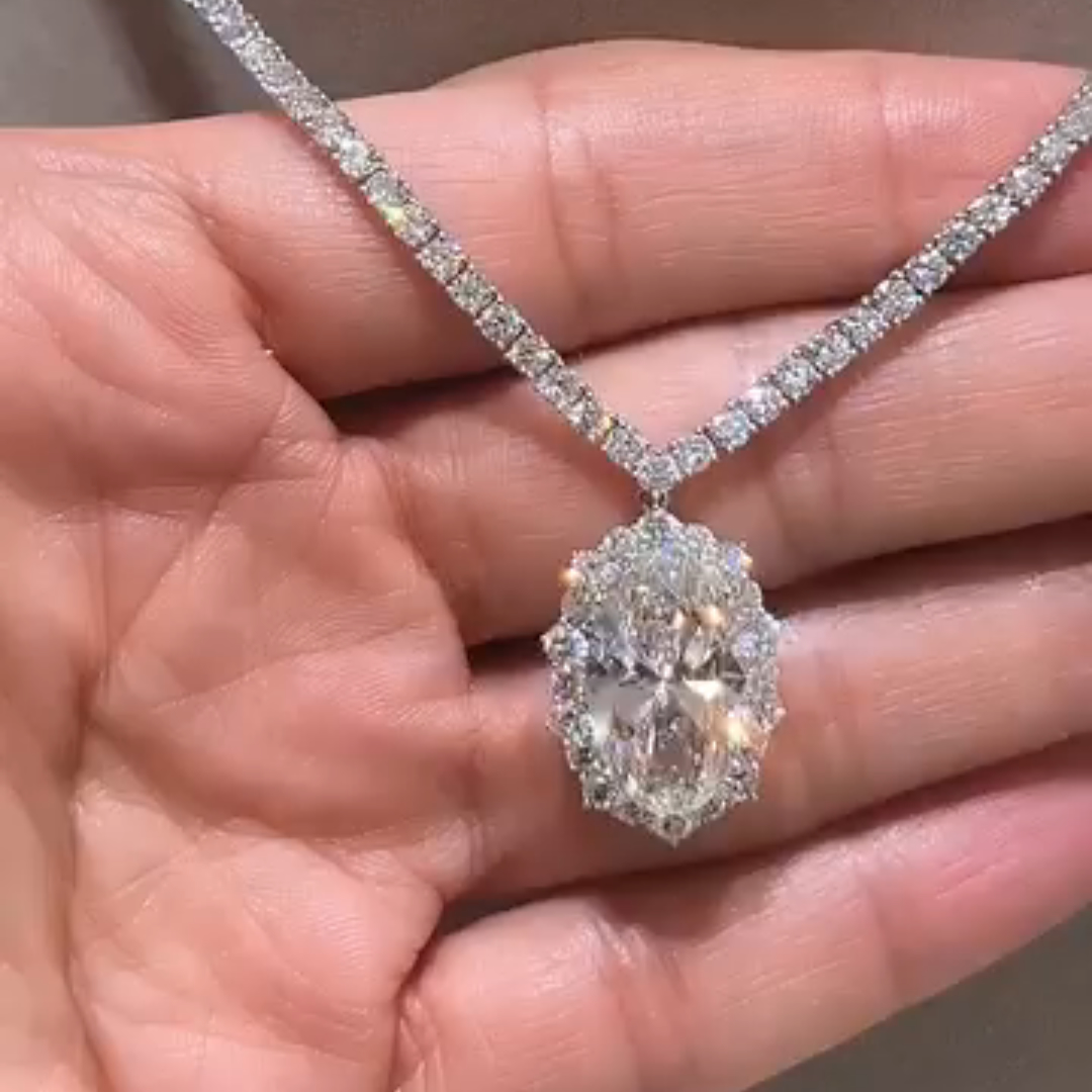 10ct Oval-cut Super Sparkly Sterling Silver Handmade Necklace