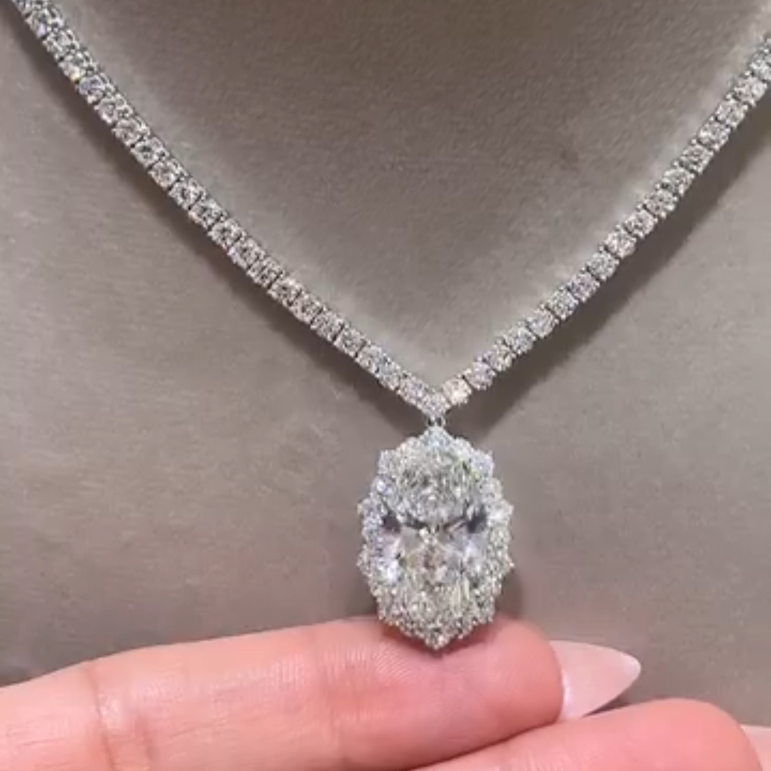 10ct Oval-cut Super Sparkly Sterling Silver Handmade Necklace