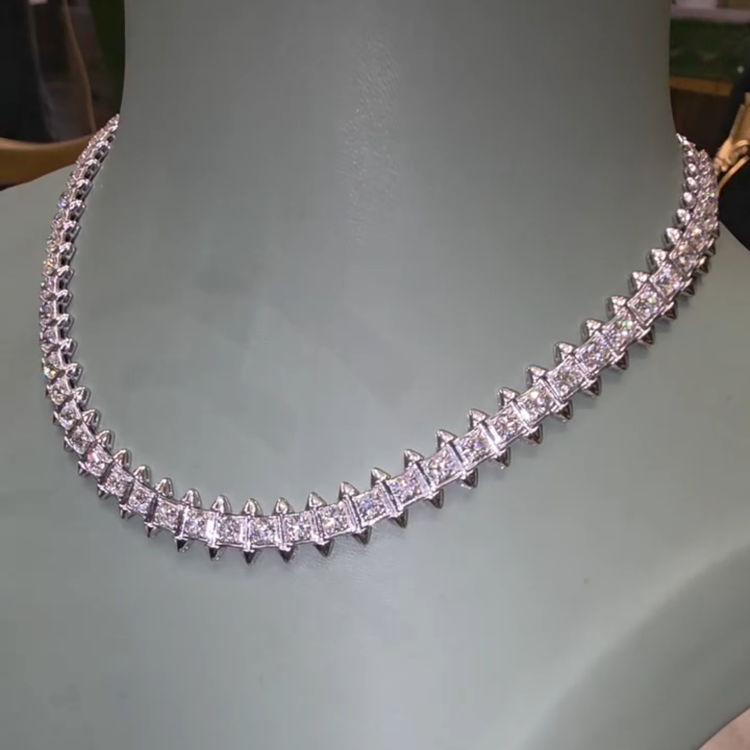 40ct Princess Cut Sterling Silver Handmade Necklace