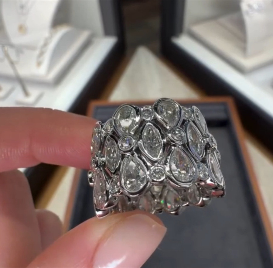 Multi-Cut Zircon Flower Design Wide Band Ring