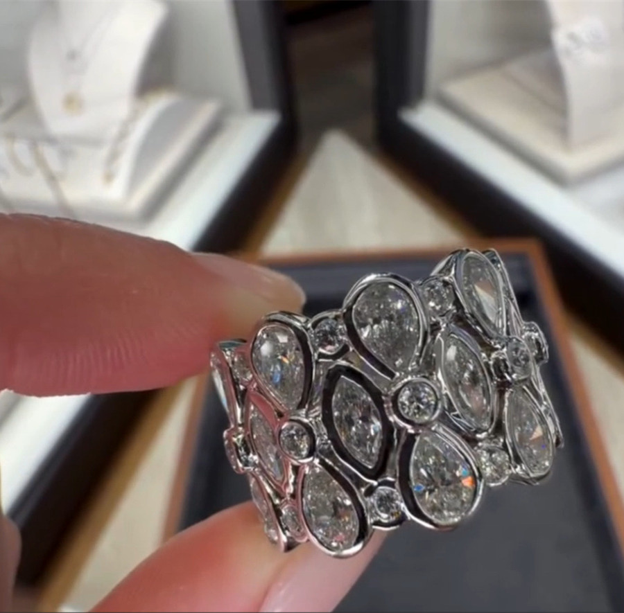 Multi-Cut Zircon Flower Design Wide Band Ring