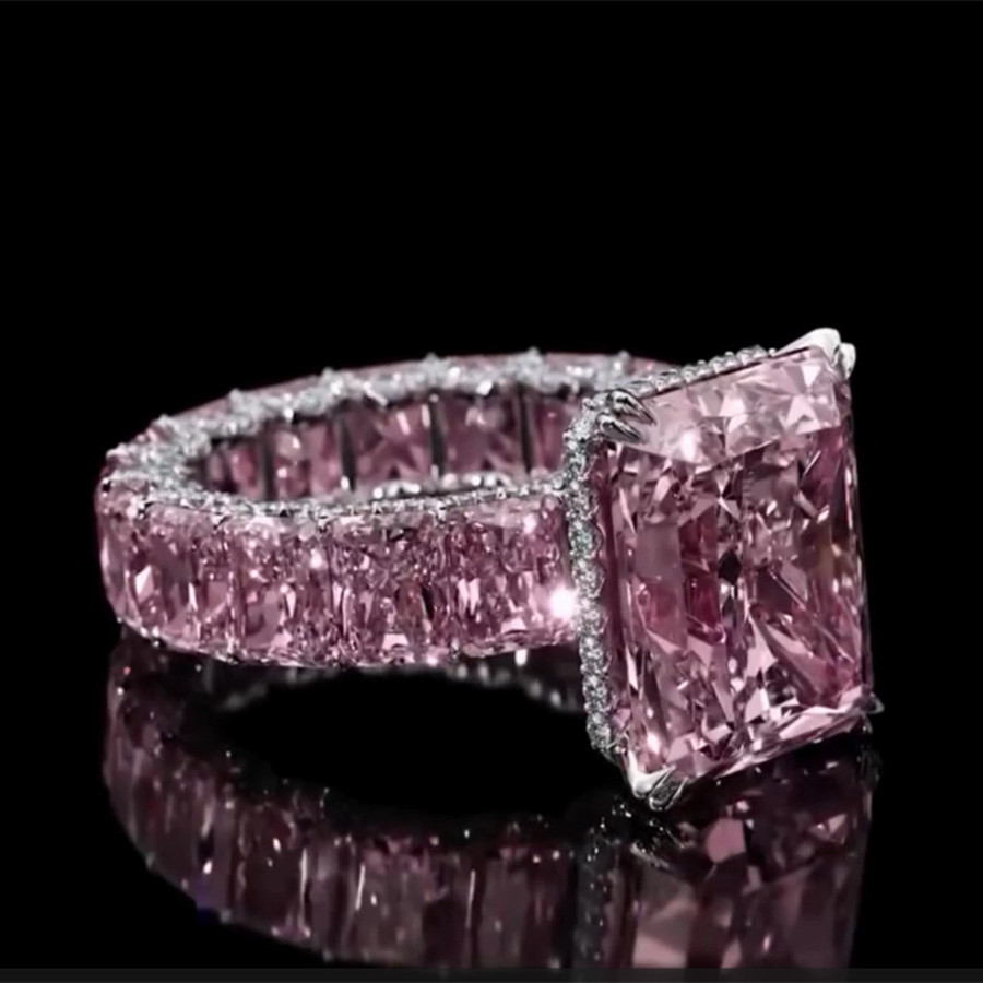 Under Halo 8ct Radiant Cut Pink Zircon Stone Ring