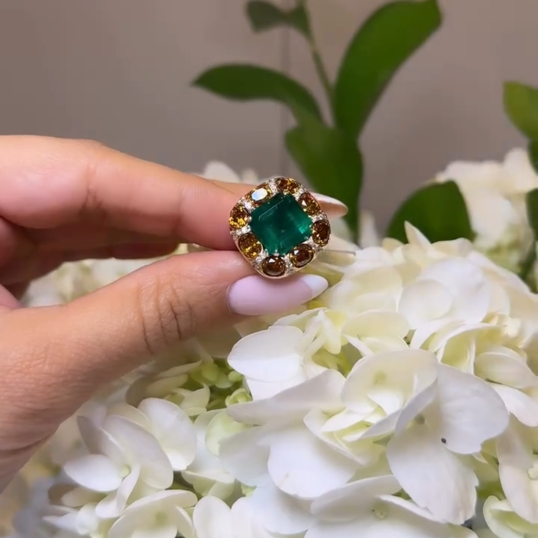 7ct  Emerald Ring  With Yellow Stone Halo