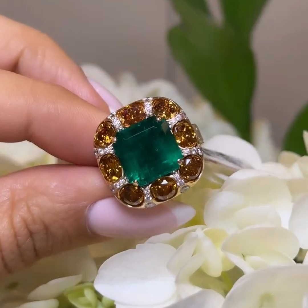 7ct  Emerald Ring  With Yellow Stone Halo