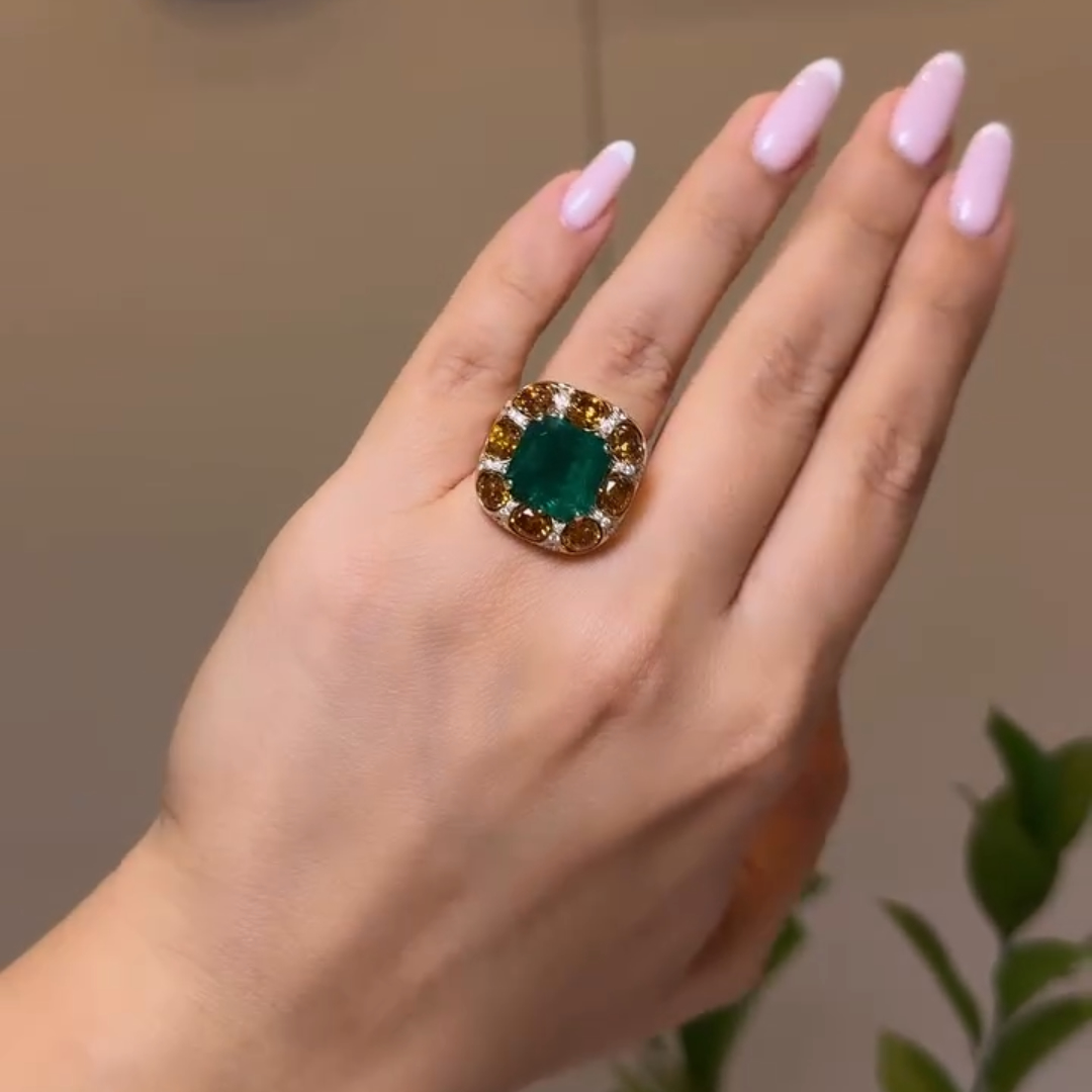 7ct  Emerald Ring  With Yellow Stone Halo