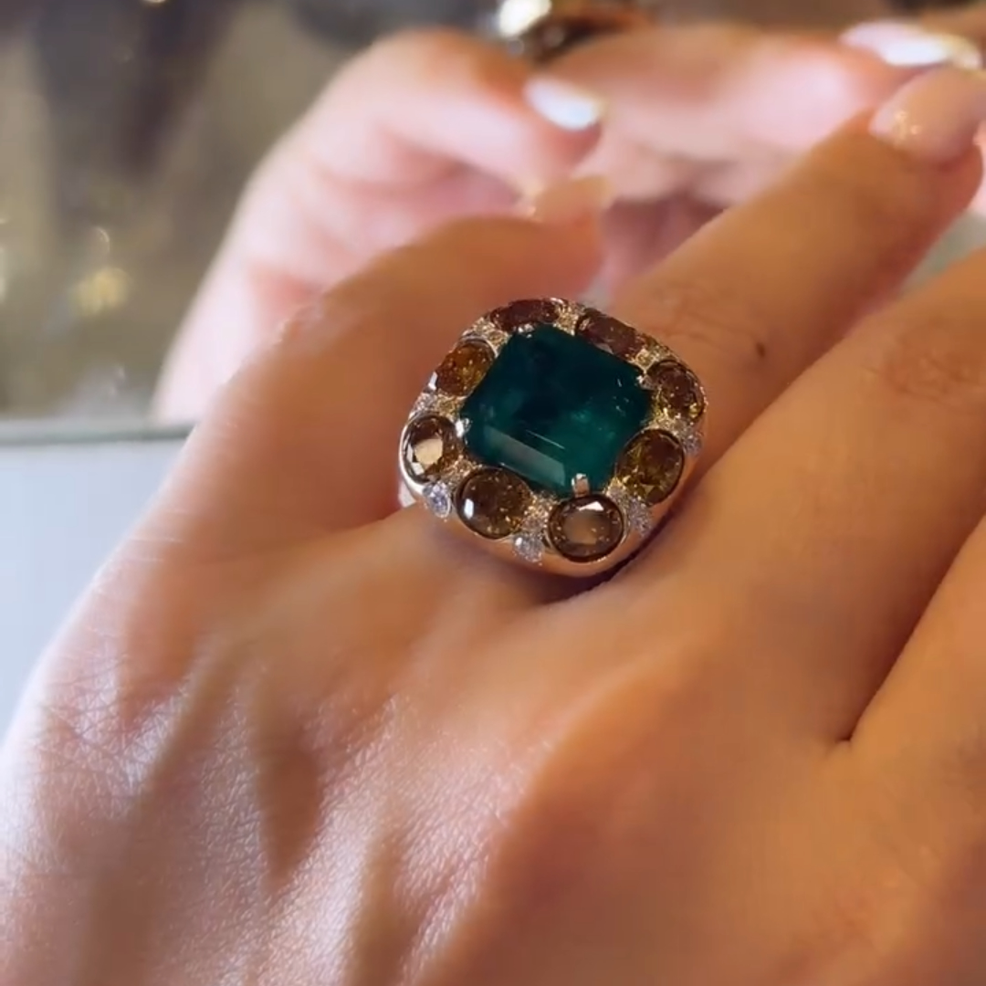 7ct  Emerald Ring  With Yellow Stone Halo