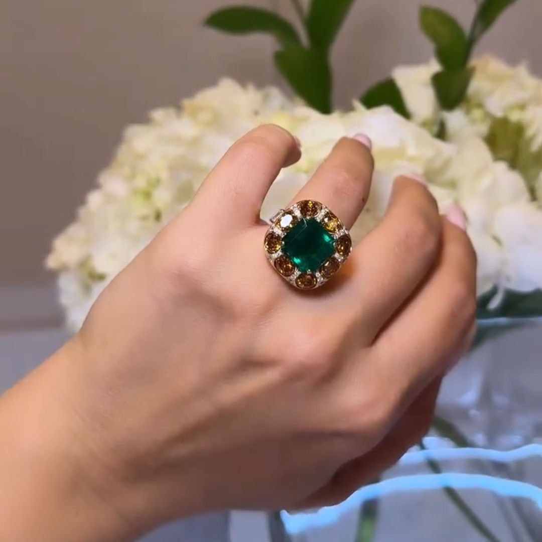 7ct  Emerald Ring  With Yellow Stone Halo