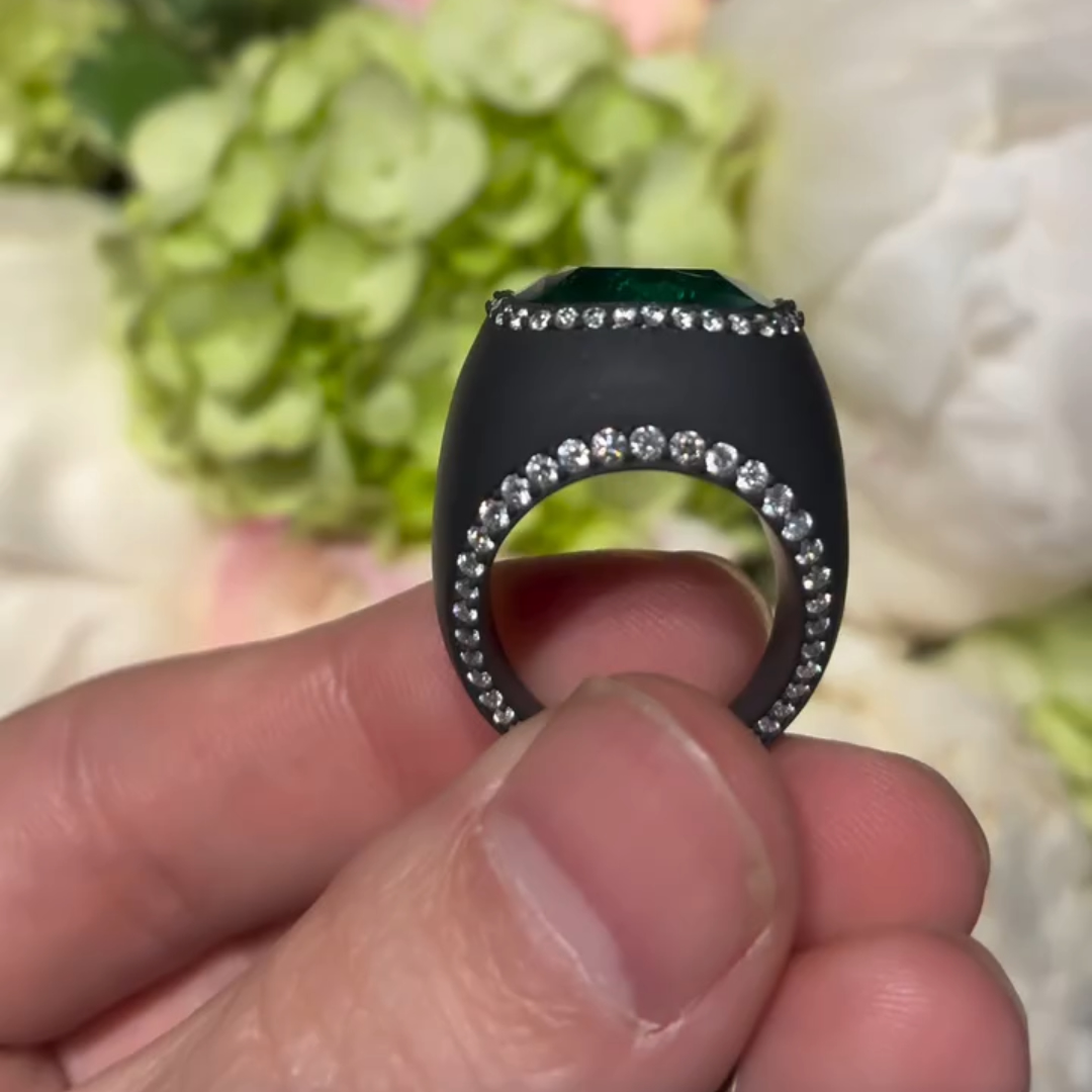 13ct Cushion Cut Emerald Ring In Black Titanium