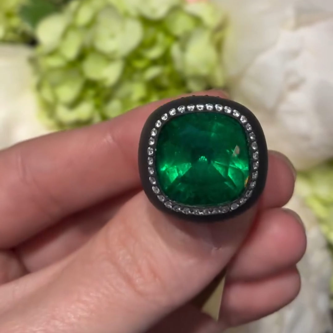 13ct Cushion Cut Emerald Ring In Black Titanium