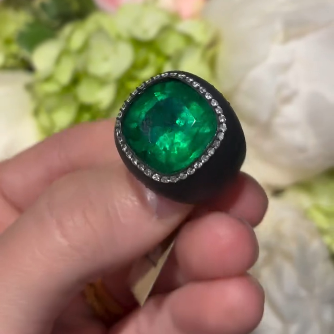 13ct Cushion Cut Emerald Ring In Black Titanium