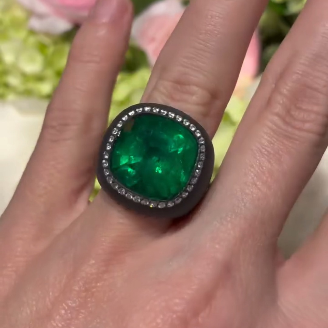 13ct Cushion Cut Emerald Ring In Black Titanium