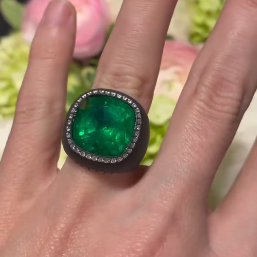 13ct Cushion Cut Emerald Ring In Black Titanium