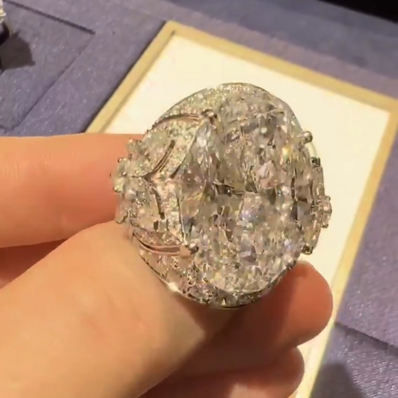 21.5ct Oval Cut White Diamond Paved Vintage Engagement Ring