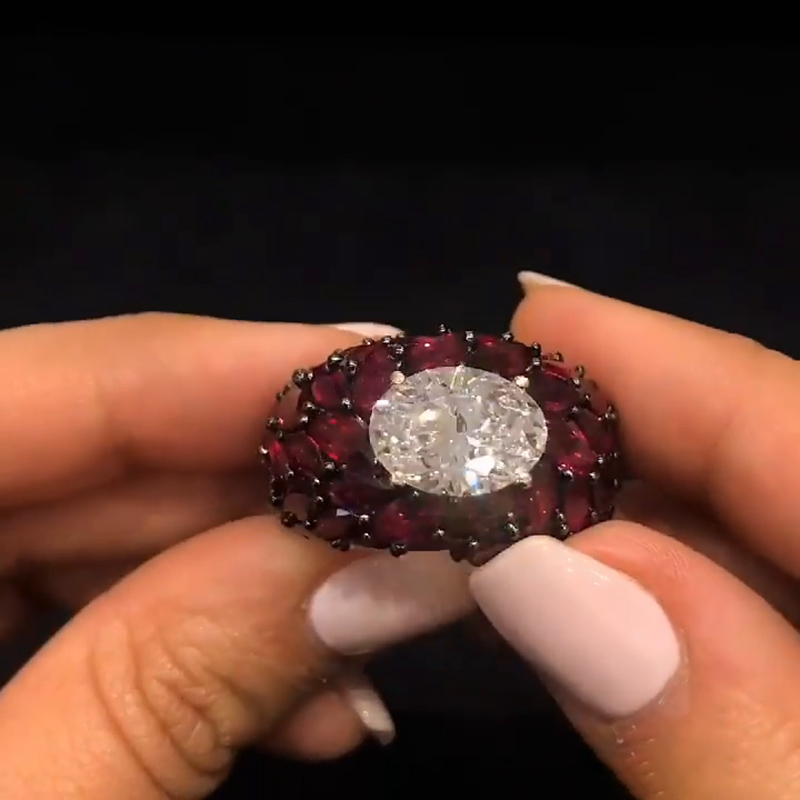 5ct Oval Cut With A Dome of Marquise Cut Rubies Cocktail Ring