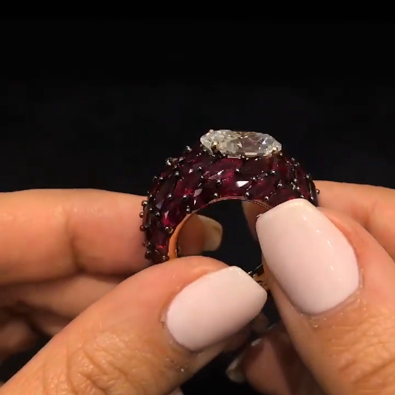 5ct Oval Cut With A Dome of Marquise Cut Rubies Cocktail Ring