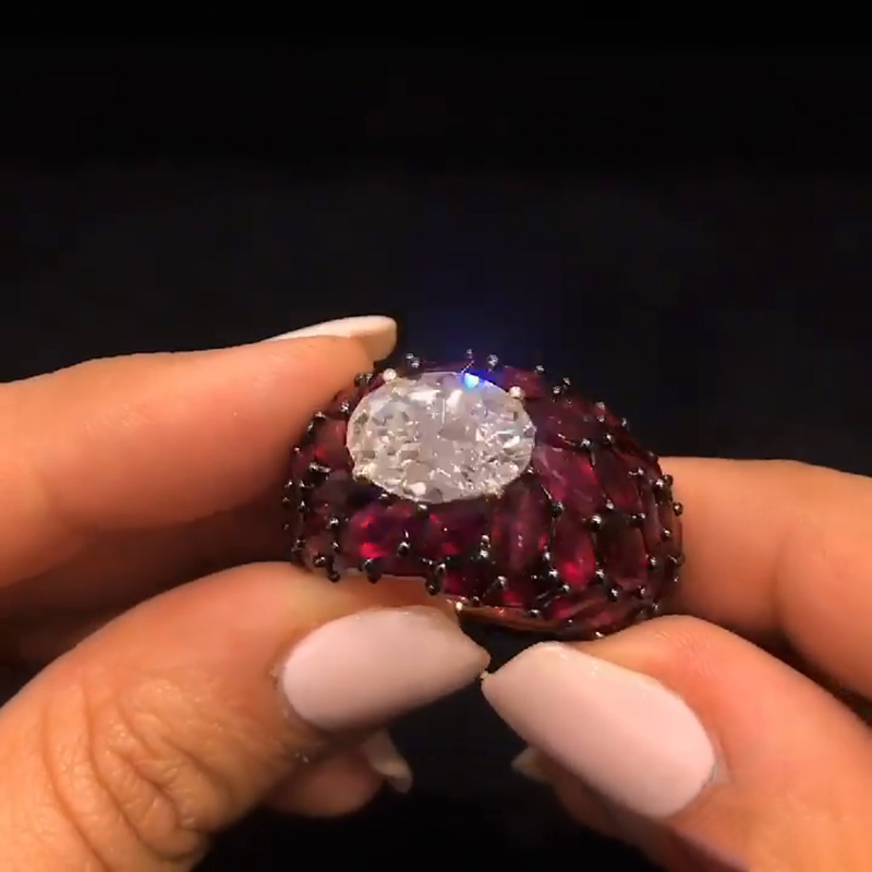 5ct Oval Cut With A Dome of Marquise Cut Rubies Cocktail Ring