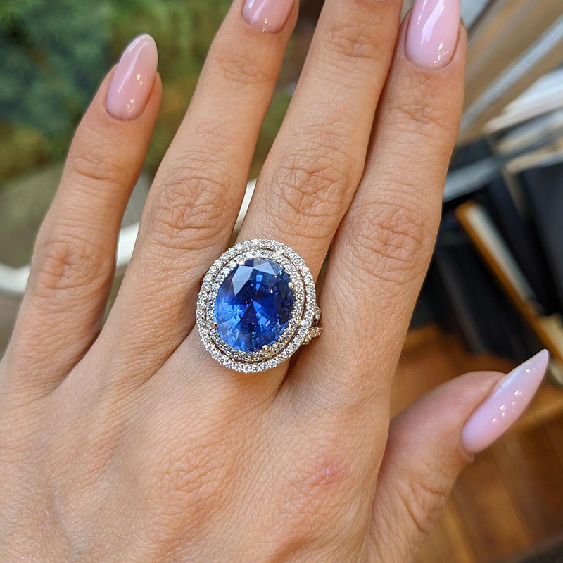 9ct Oval Cut Sapphire Double Halo Engagement Ring