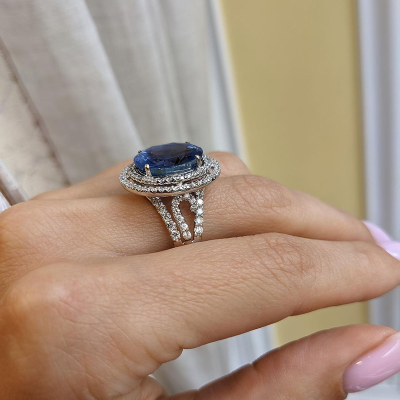 9ct Oval Cut Sapphire Double Halo Engagement Ring