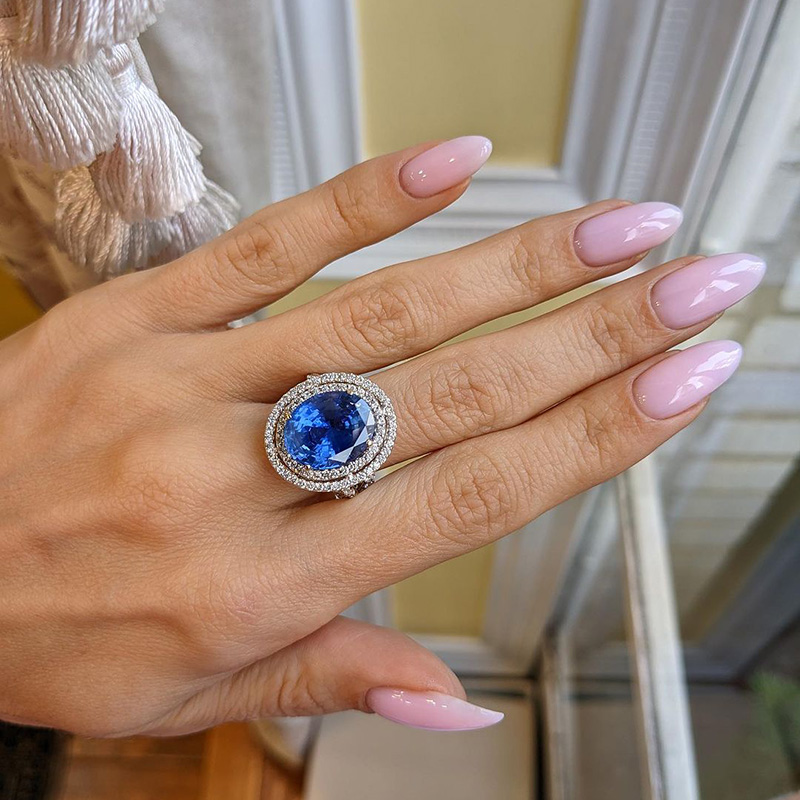 9ct Oval Cut Sapphire Double Halo Engagement Ring