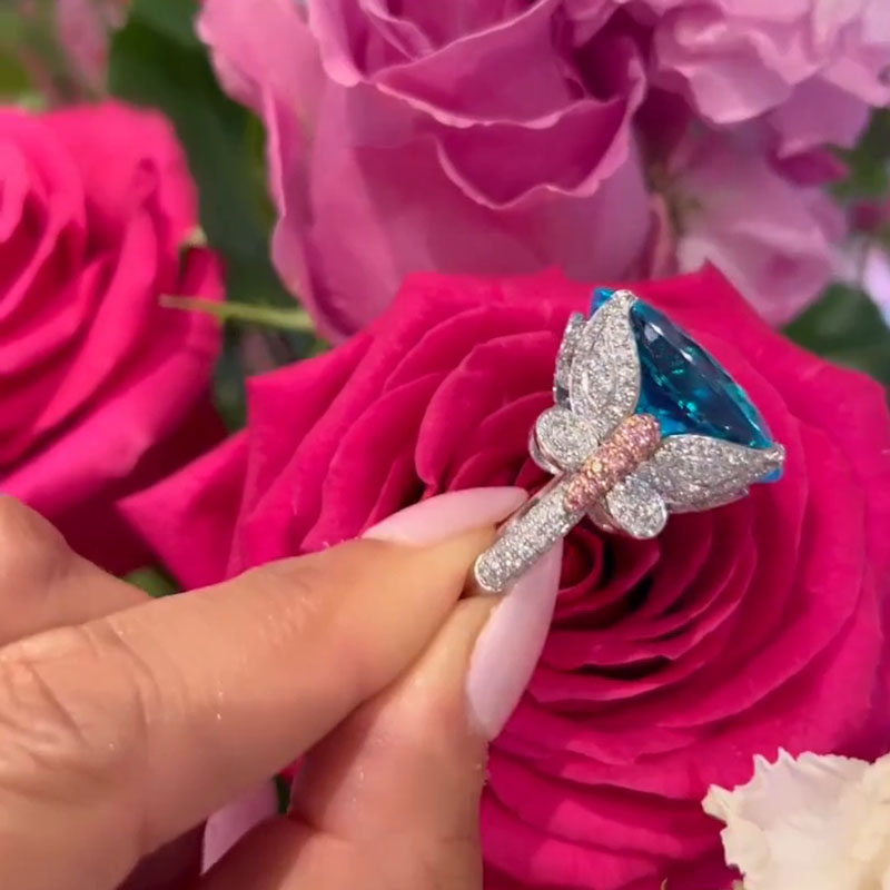 15ct Oval Cut Paraiba Tourmaline Paved Butterfly Two Tone Engagement Ring