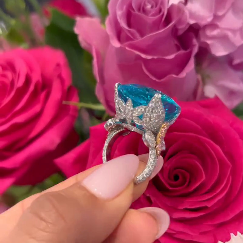 15ct Oval Cut Paraiba Tourmaline Paved Butterfly Two Tone Engagement Ring