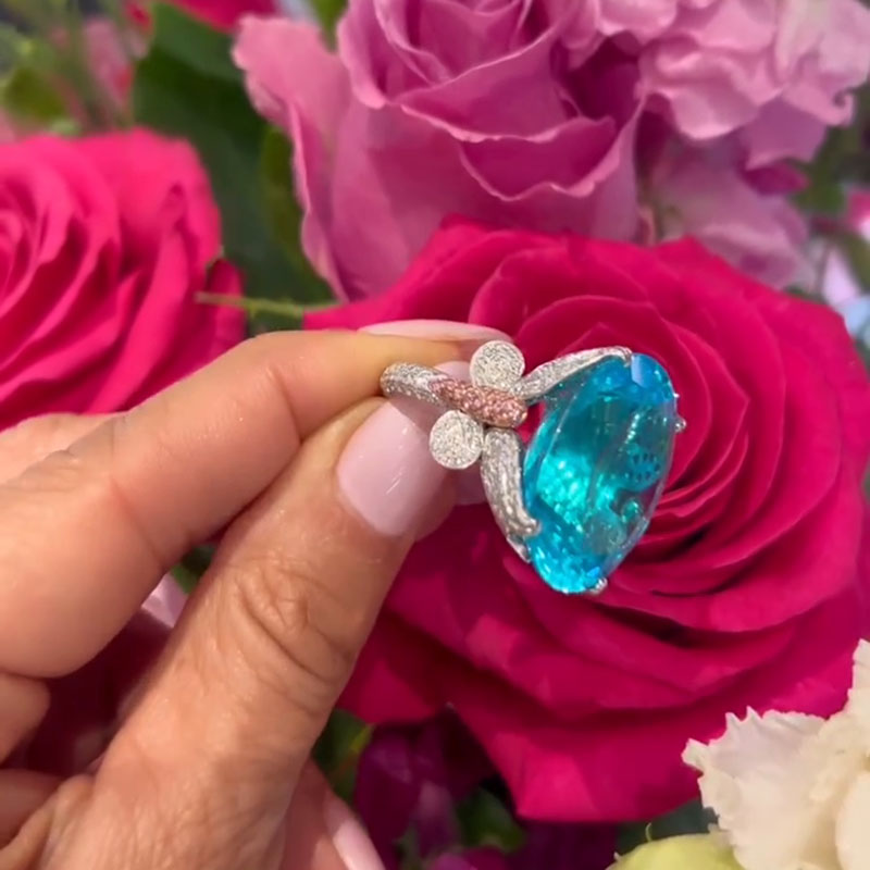 15ct Oval Cut Paraiba Tourmaline Paved Butterfly Two Tone Engagement Ring
