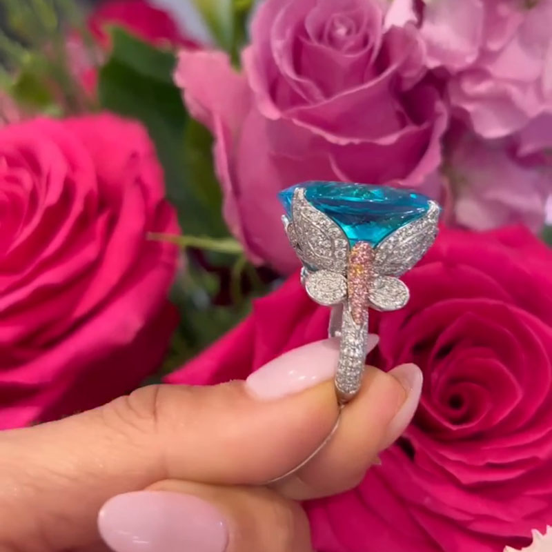 15ct Oval Cut Paraiba Tourmaline Paved Butterfly Two Tone Engagement Ring