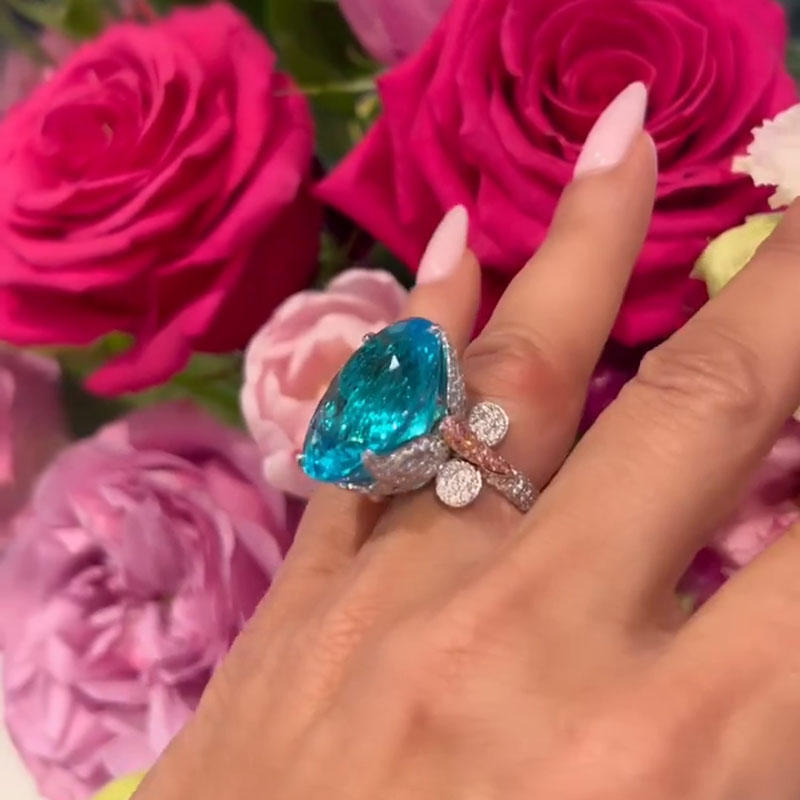 15ct Oval Cut Paraiba Tourmaline Paved Butterfly Two Tone Engagement Ring