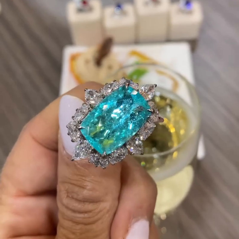 16ct Cushion Cut Paraiba Tourmaline Paved Engagement Ring