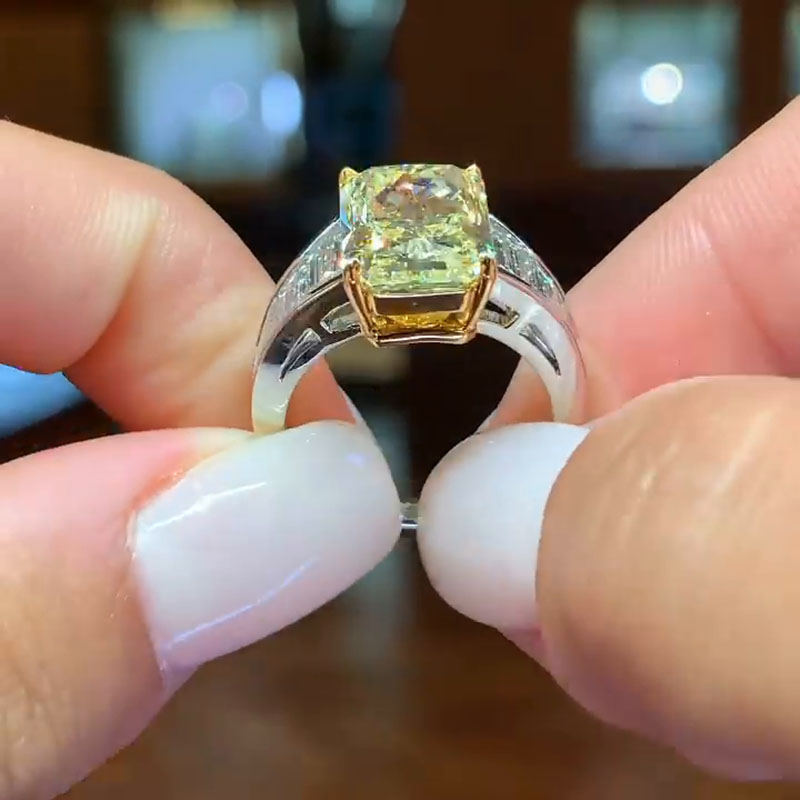 5ct Emerald Cut Yellow Sapphire With Geometric Trapeze Side Diamonds Two Tone Engagement Ring