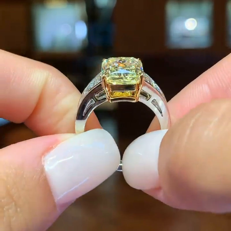 5ct Emerald Cut Yellow Sapphire With Geometric Trapeze Side Diamonds Two Tone Engagement Ring