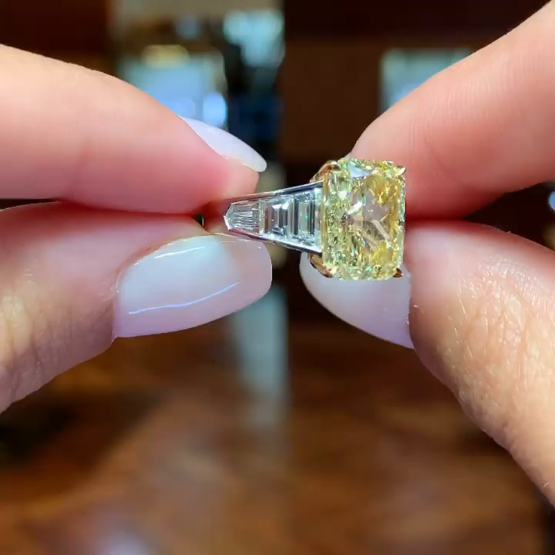 5ct Emerald Cut Yellow Sapphire With Geometric Trapeze Side Diamonds Two Tone Engagement Ring