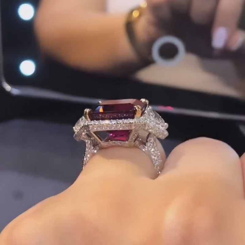 7ct Asscher Cut Ruby Halo Three Stone Paved Yellow Gold Prong Ring