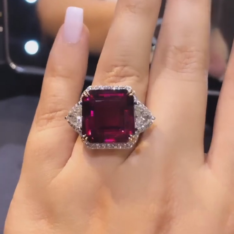 7ct Asscher Cut Ruby Halo Three Stone Paved Yellow Gold Prong Ring