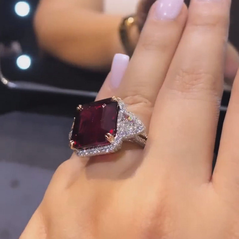 7ct Asscher Cut Ruby Halo Three Stone Paved Yellow Gold Prong Ring