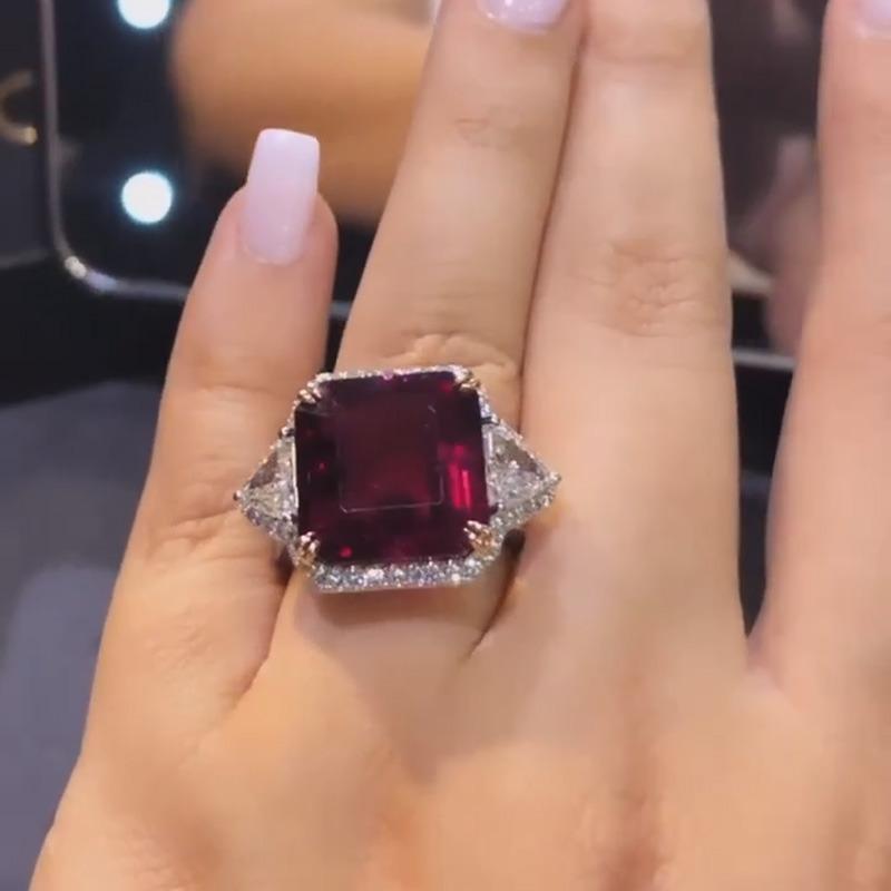 7ct Asscher Cut Ruby Halo Three Stone Paved Yellow Gold Prong Ring