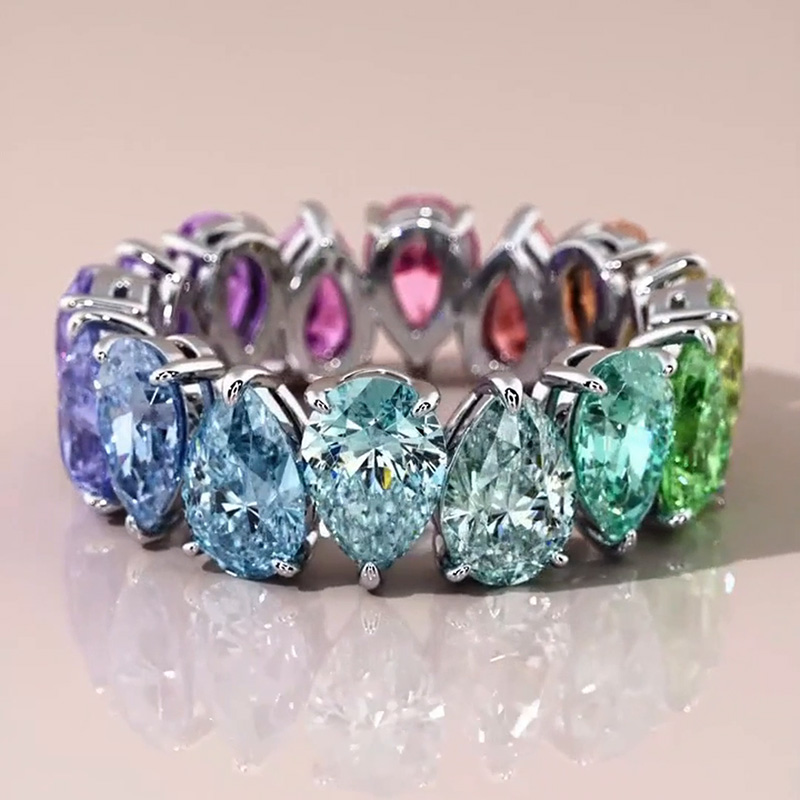 Pear Cut Rainbow Sapphire Eternity Wedding Band