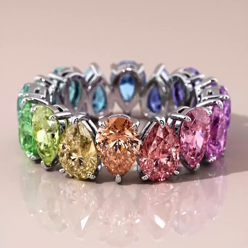 Pear Cut Rainbow Sapphire Eternity Wedding Band