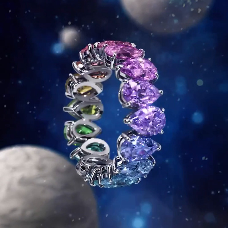 Pear Cut Rainbow Sapphire Eternity Wedding Band