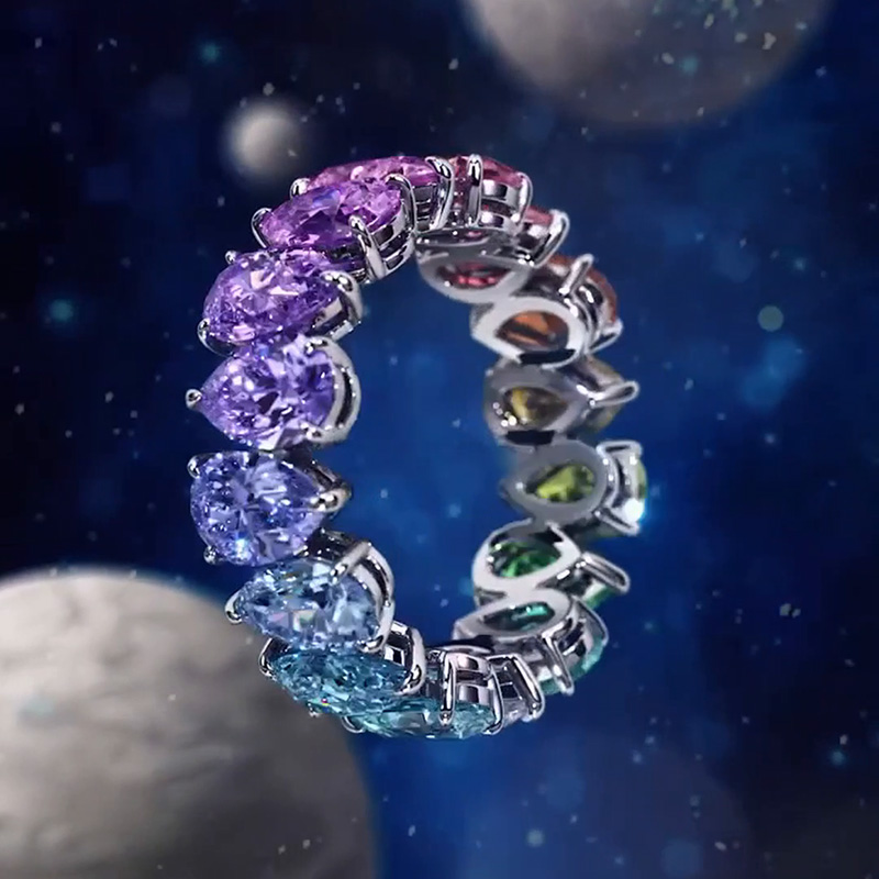 Pear Cut Rainbow Sapphire Eternity Wedding Band