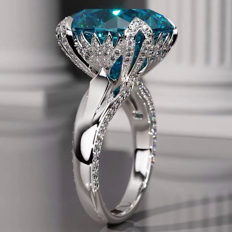 6ct Oval Cut Blue Sapphire Paved Silver Engagement Ring