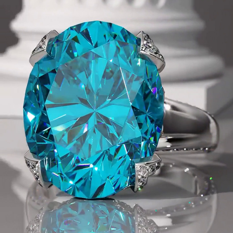 6ct Oval Cut Blue Sapphire Paved Silver Engagement Ring