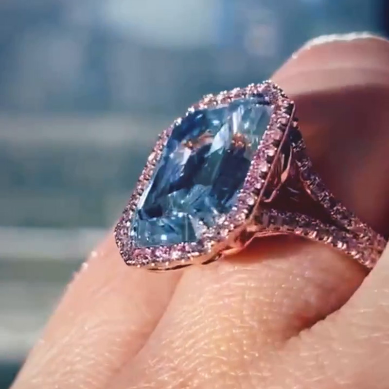 8.5ct Emerald Cut Aquamarine Halo Engagement Ring In Rose Gold