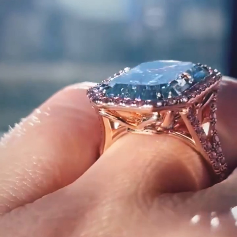 8.5ct Emerald Cut Aquamarine Halo Engagement Ring In Rose Gold